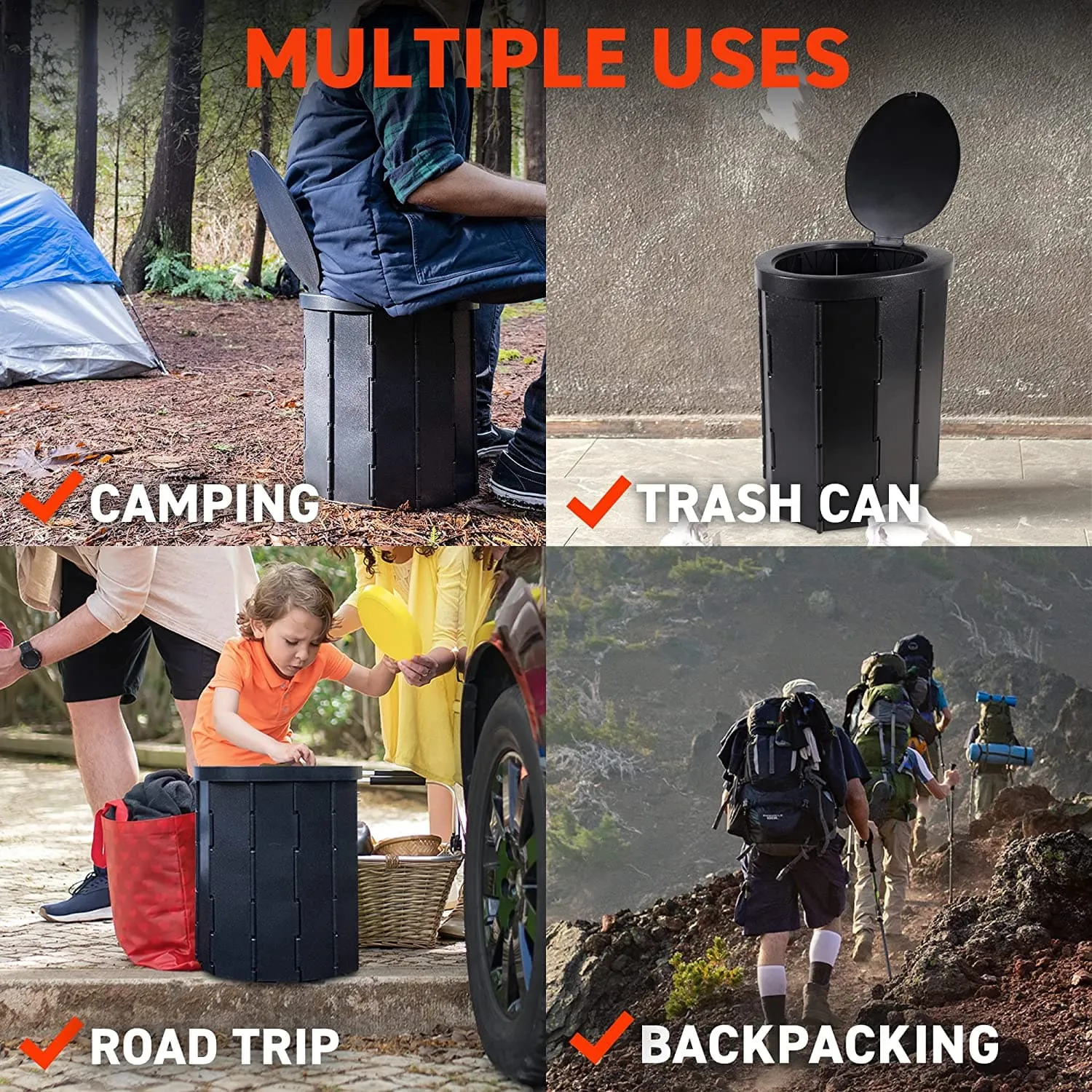 72HRS Collapsible Portable Toilet With Bucket (Including 30 Toilet Bags and 30 Toilet Powder)