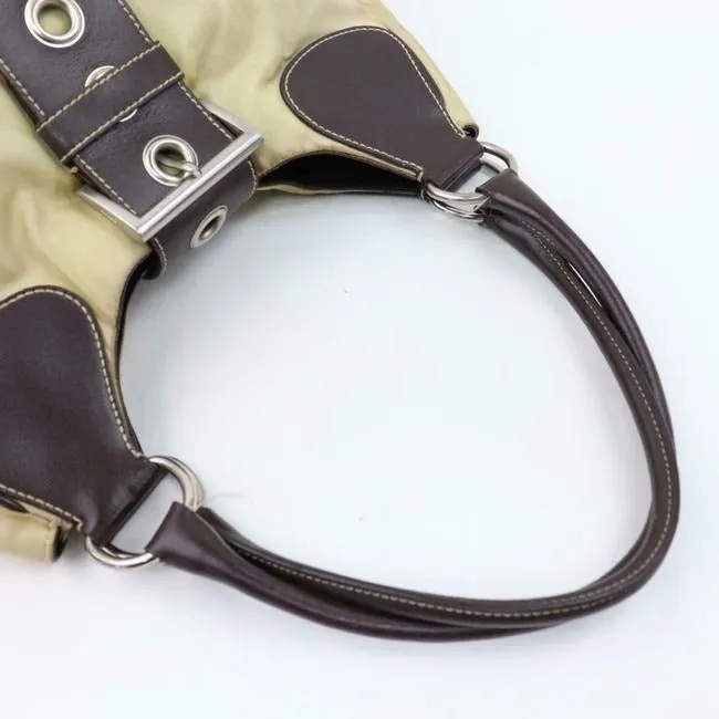 Prada Xl Hobo Style Shoulder Purse Champagne Nylon And Brown Leather With Chrome Hardware Satchel