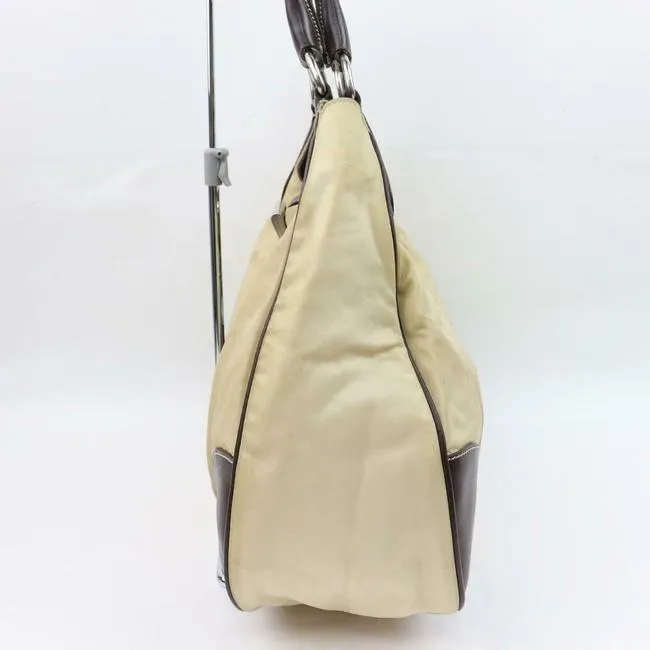 Prada Xl Hobo Style Shoulder Purse Champagne Nylon And Brown Leather With Chrome Hardware Satchel