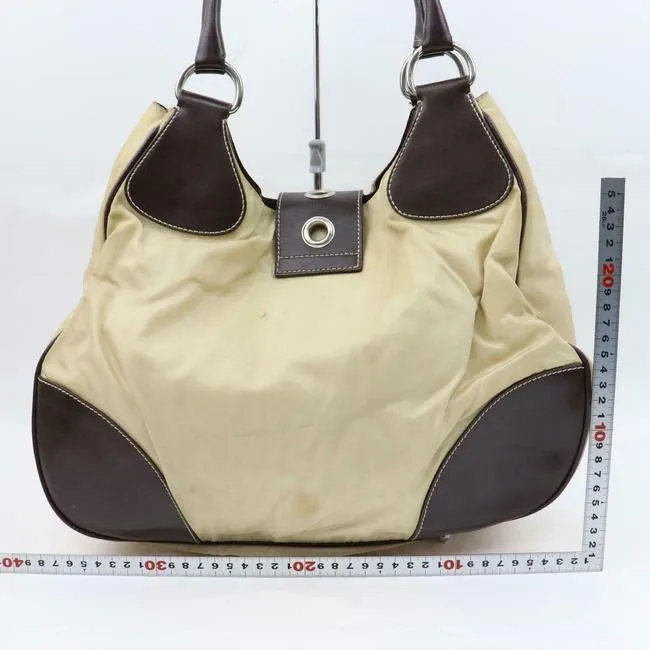 Prada Xl Hobo Style Shoulder Purse Champagne Nylon And Brown Leather With Chrome Hardware Satchel