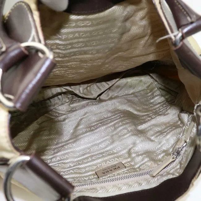 Prada Xl Hobo Style Shoulder Purse Champagne Nylon And Brown Leather With Chrome Hardware Satchel