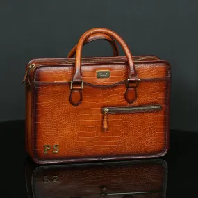 PS Gold Metal Initial Crafted On Tan Croco Textured Leather Laptop Bag by Brune & Bareskin
