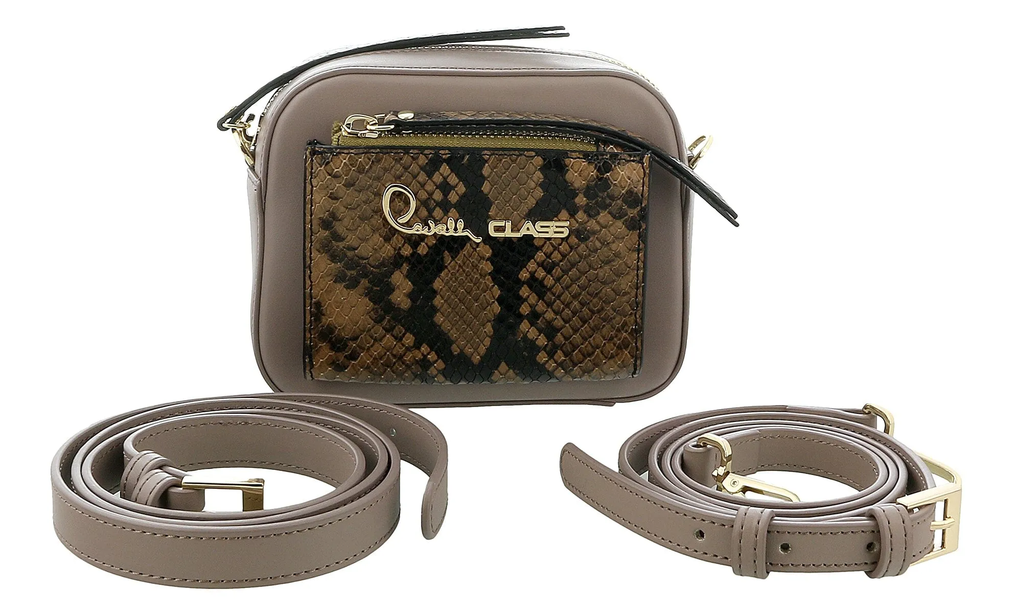 Roberto Cavalli Class Taupe Snakeskin Textured Susan Small Belt Bag / Shoulder Bag