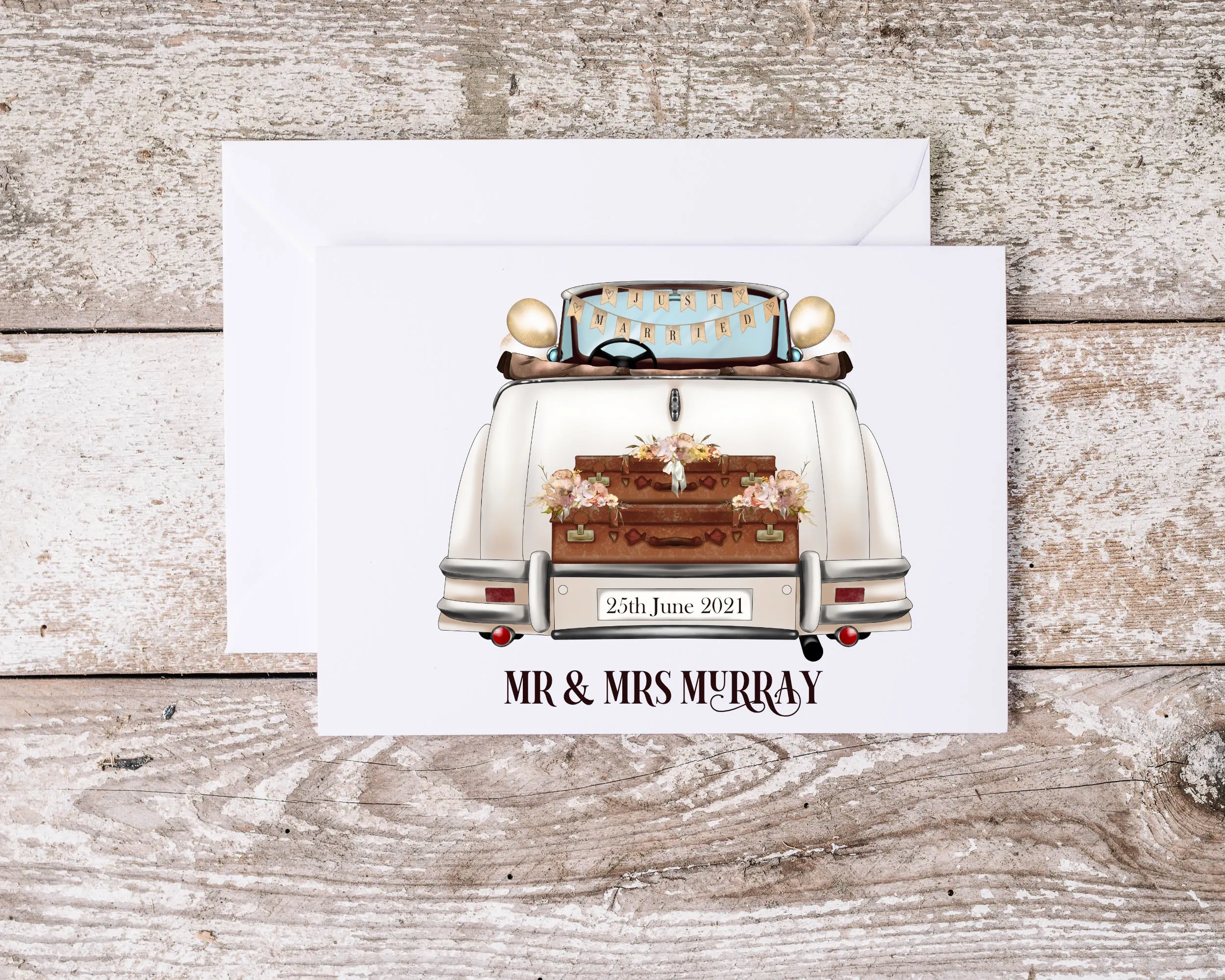 Wedding Car with Suitcases - Greeting Card